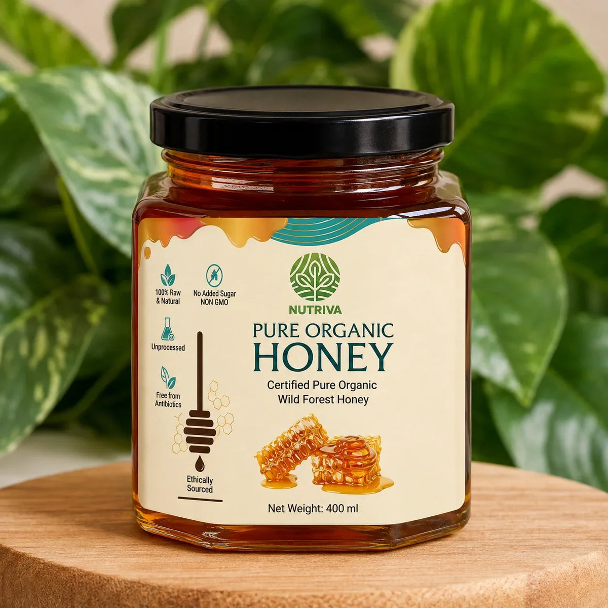 Jar of Nutriva Pure Organic Wild Forest Honey on a wooden board with green leaves background