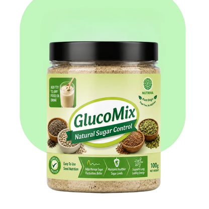GlucoMix Natural Sugar Control organic superfood supplement jar with ingredients