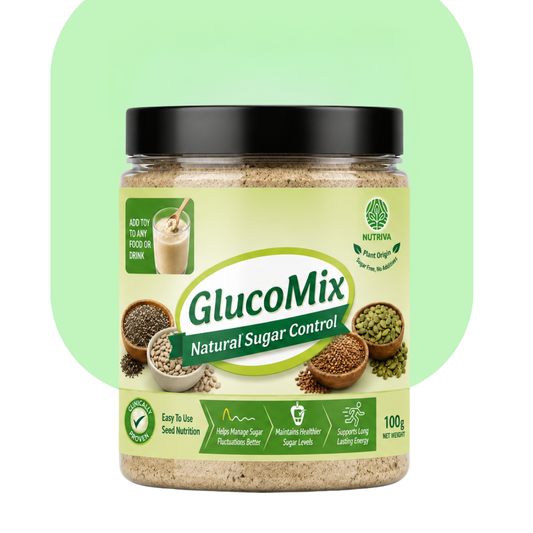 GlucoMix Natural Sugar Control organic superfood supplement jar with ingredients