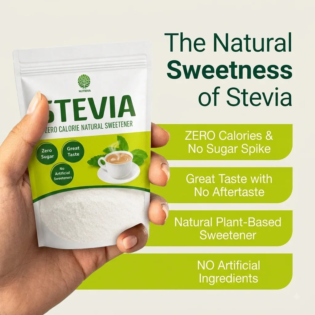 A hand holding a pack of Nutriva Stevia zero calorie natural sweetener with key benefits.
