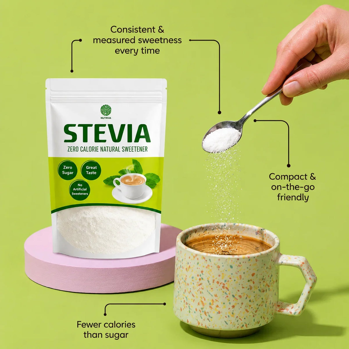 Nutriva Stevia zero calorie natural sweetener being poured from a spoon into a tea mug.