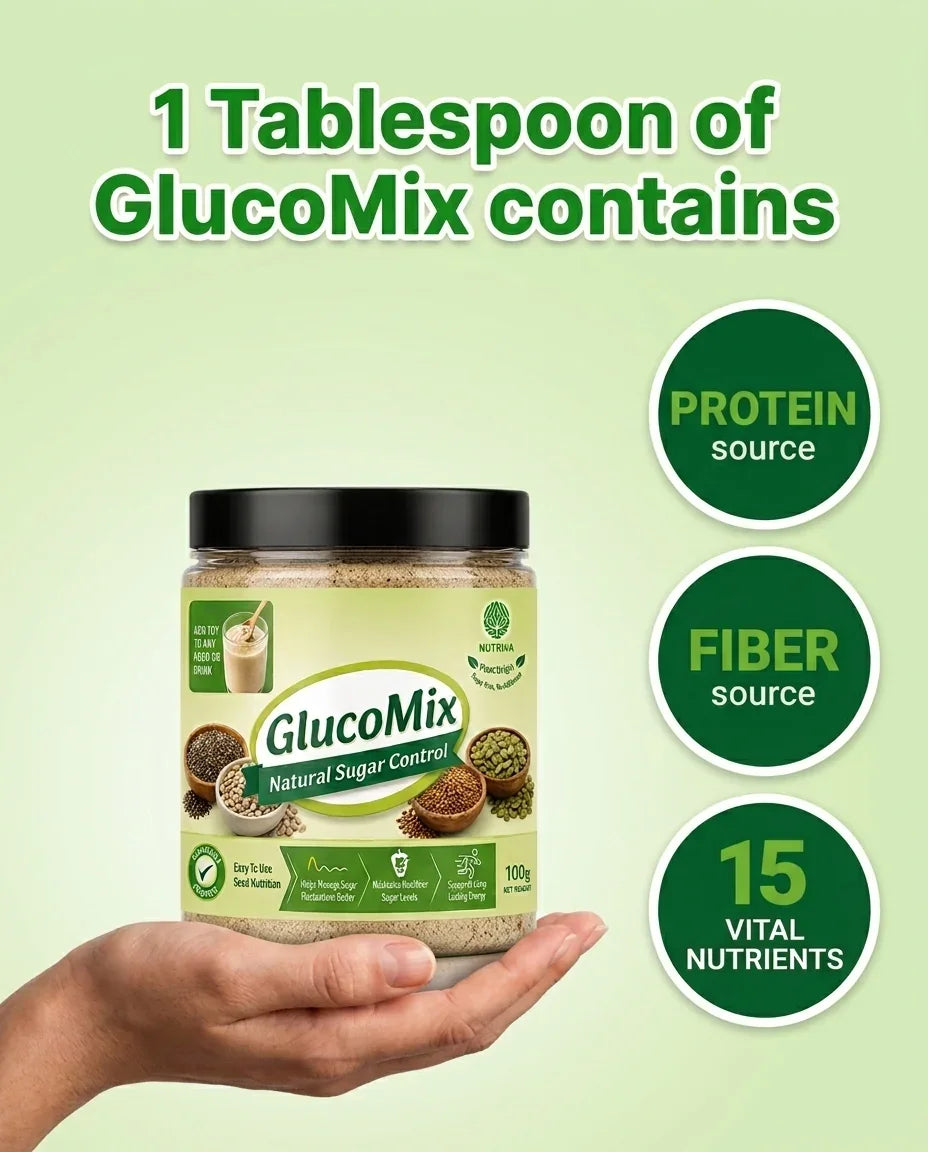 Nutrivafoods GlucoMix Natural Sugar Control powder for diabetic care, rich in protein, fiber, and 15 nutrients.