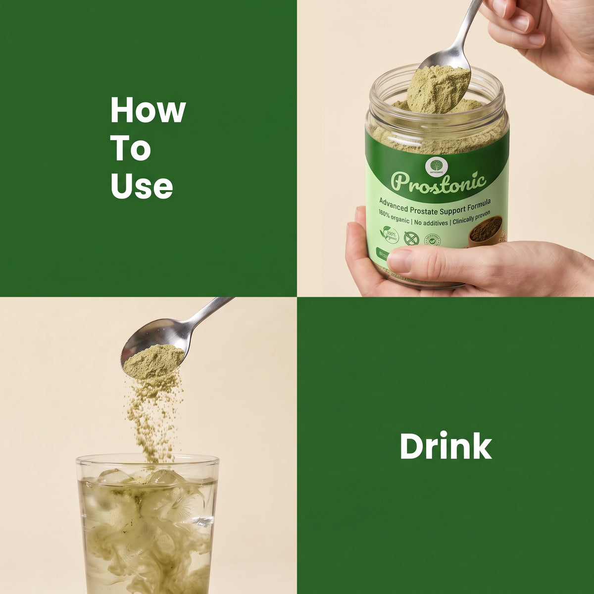 Nutrivafoods Prostonic prostate support formula being scooped and mixed into a glass of water.
