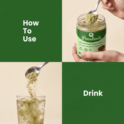 Nutrivafoods Prostonic prostate support formula being scooped and mixed into a glass of water.